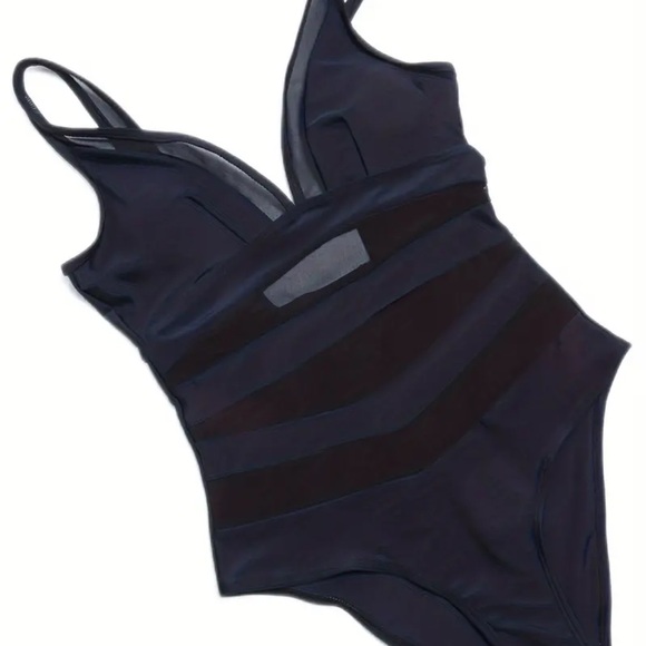 Tummy Control bodysuit V Neck High Cut Contrast Mesh Backless 1 Piece Swimsuit - Picture 8 of 10